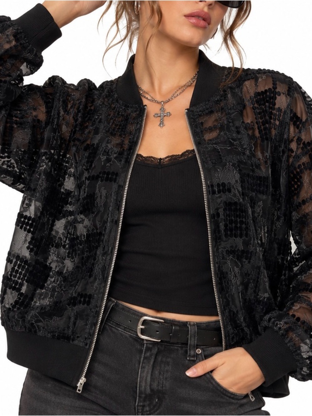 ASHRO Black Sheer Burnout Velvet Bomber Jacket 1X Gothic Y2K Statement